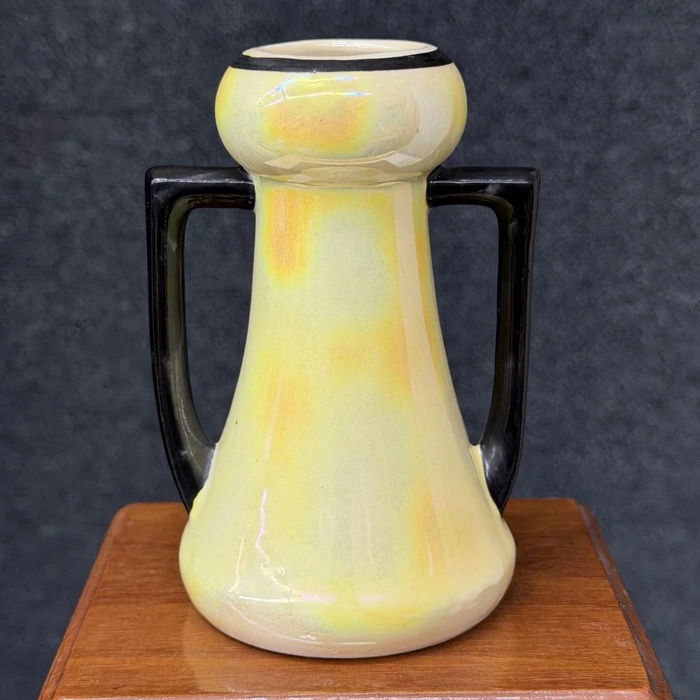 Antique Czechoslovakia Art Deco Iridescent Double Handle Pottery Cabinet Vase 5